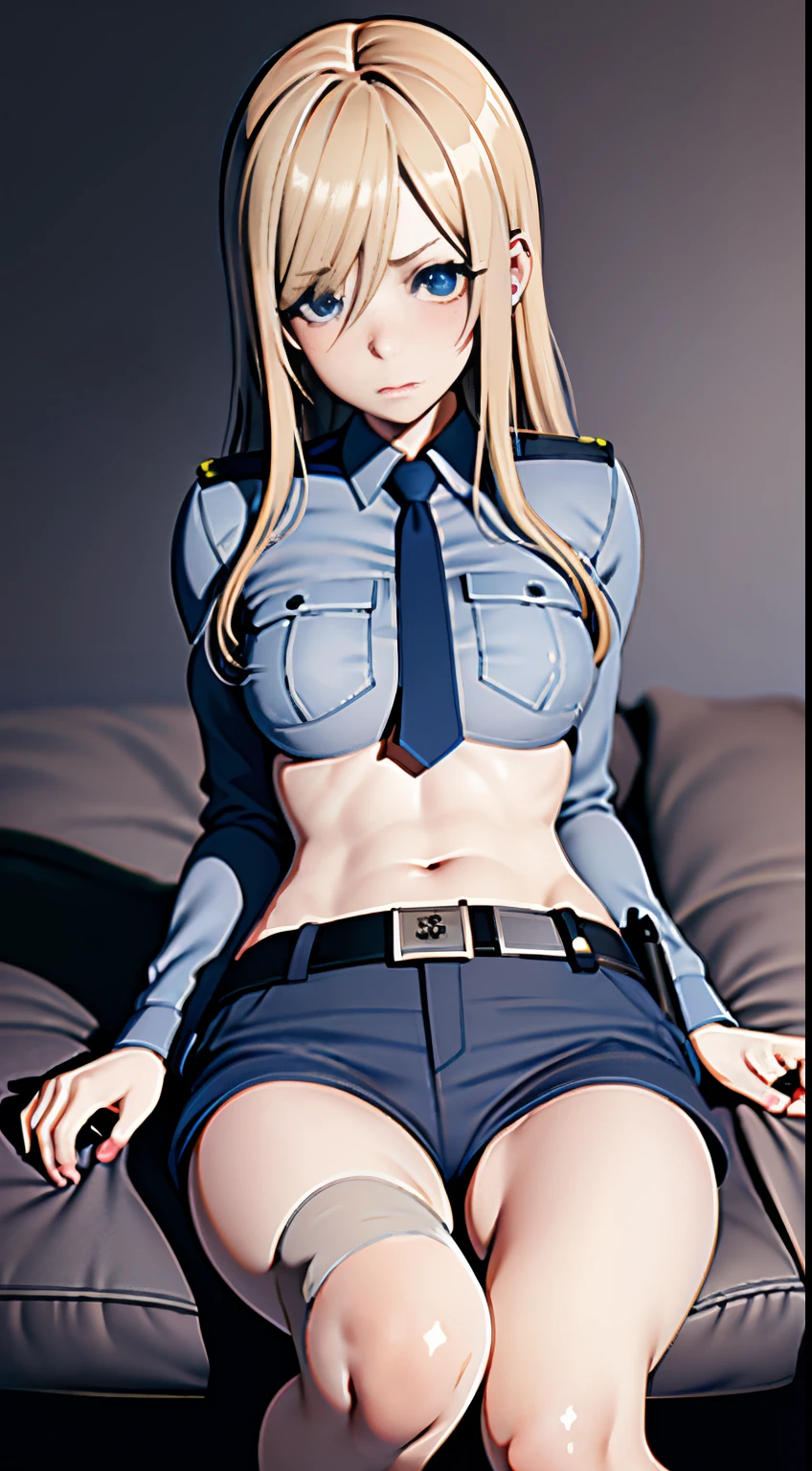 Cartoon picture of woman wearing police uniform, Official, bobby, Wearing a police uniform, The police lights shine on her face, Screenshot of the animated movie, TV animation stills, Anime visuals of a cute girl, eechi, Kitagawa Ocean Fan Art, anya from spy x family, Detailed pubic hair. Girl Front, seductive anime girls, Oppa&#39;，fishnet stockings，Ultra-short clothes，Exposing the abdomen，Ultra shorts，Raised Legs，look of anguish，Long blonde hair，In a dark and dirty room。fearful expression，blush blush。My face was red，The whole body feels like lying on the bed，sitting in the couch.Policewoman，Police uniform，