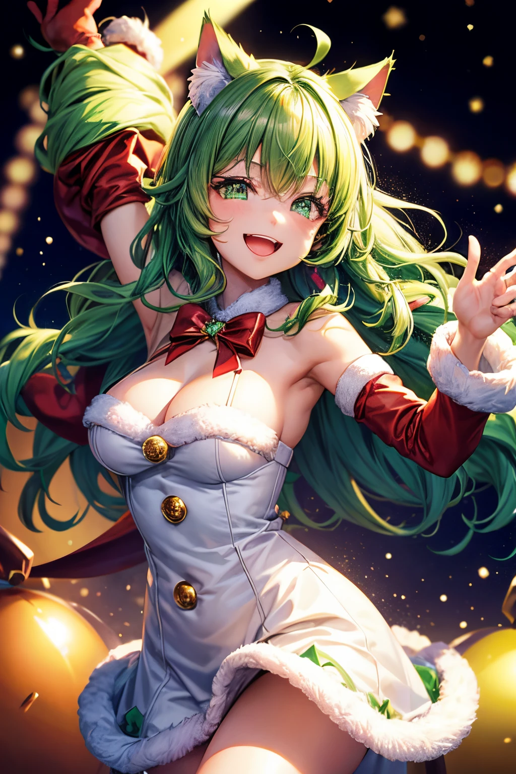 Top quality, high resolution, perfect human structure, background focus, front view, shiny hair, cat ears, green hair, Santa costume, dancing stars, multicolored hair, laughing happily, star-shaped pupils , wavy hair
