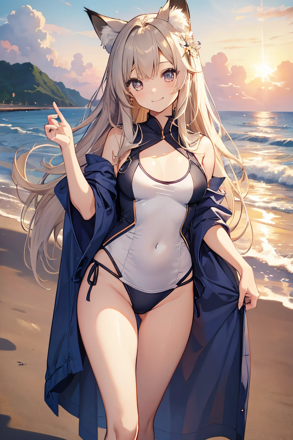 (Illustrator、2D Beautiful Girl:1.3)top-quality:1.1、extremely delicate and beautiful:1.1、Soio、Soio、Large, drooping eyes、stright long hair、(slingshot high leg swimsuit)、Princess、Princess、The best smile、is standing、Facing the front、Empty beach in the background、Very young、、Fox ears、(full-shot)、