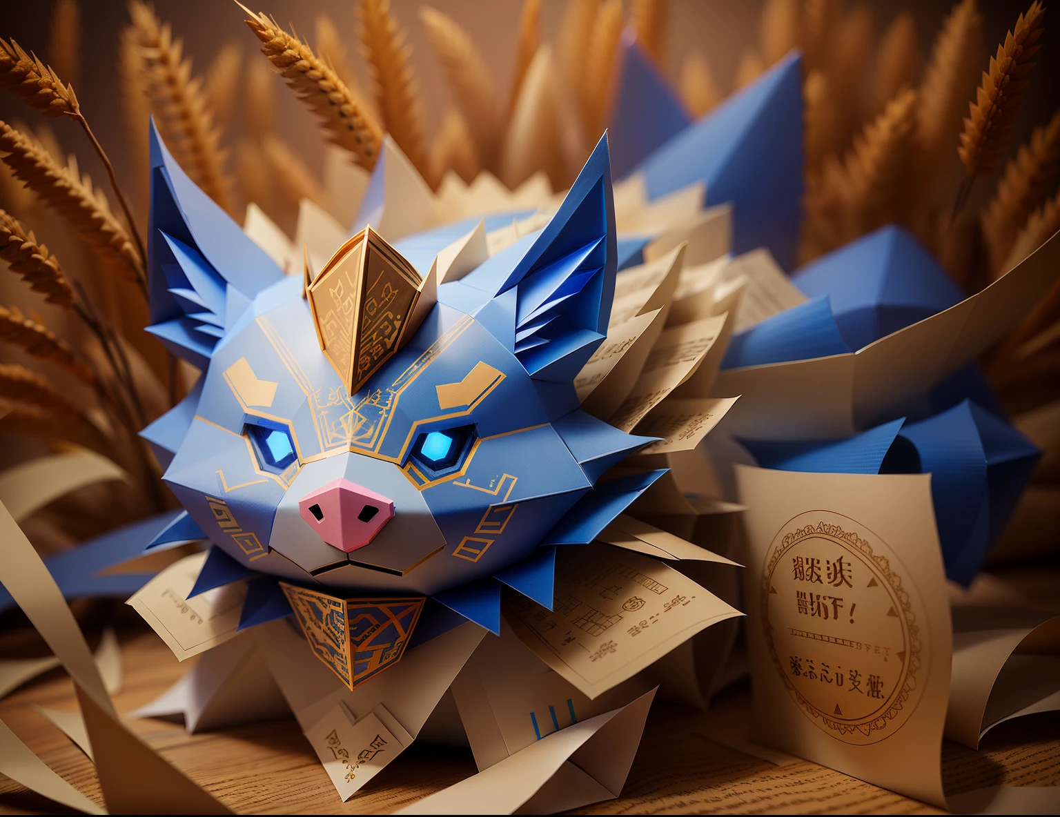 There is a blue and white paper piglet, The mouth has fangs,Wheat ears surround,paper craft low poly, paper art, Kitsune-inspired armor, Paper plastic art, Elemental guardian of life, made of cardboard, glowing light eyes!! iintricate, paper art, made of paper, made of paper, spirit of the forest, The art of layered paper, inspired by noami, paper cut out, Detailed fanart