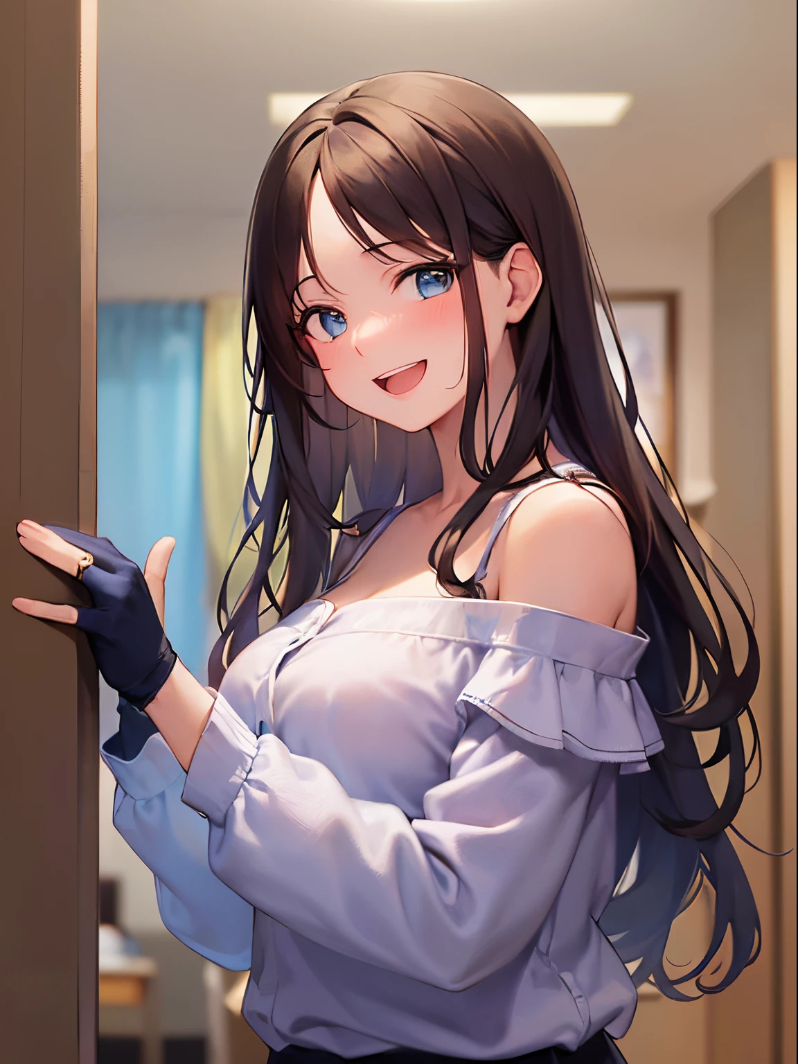 ​masterpiece、top-quality、25 year old woman with long brown hair and blue eyes、White off-shoulder blouse、Hands raised、(Embarrassed and smiling face with open mouth:1.3)、(Staring:1.5)、(Close-up of the subject's face:1.3)、The background is the living room of an apartment at night.、is standing、Bold composition、The whole body is shown、Alone、