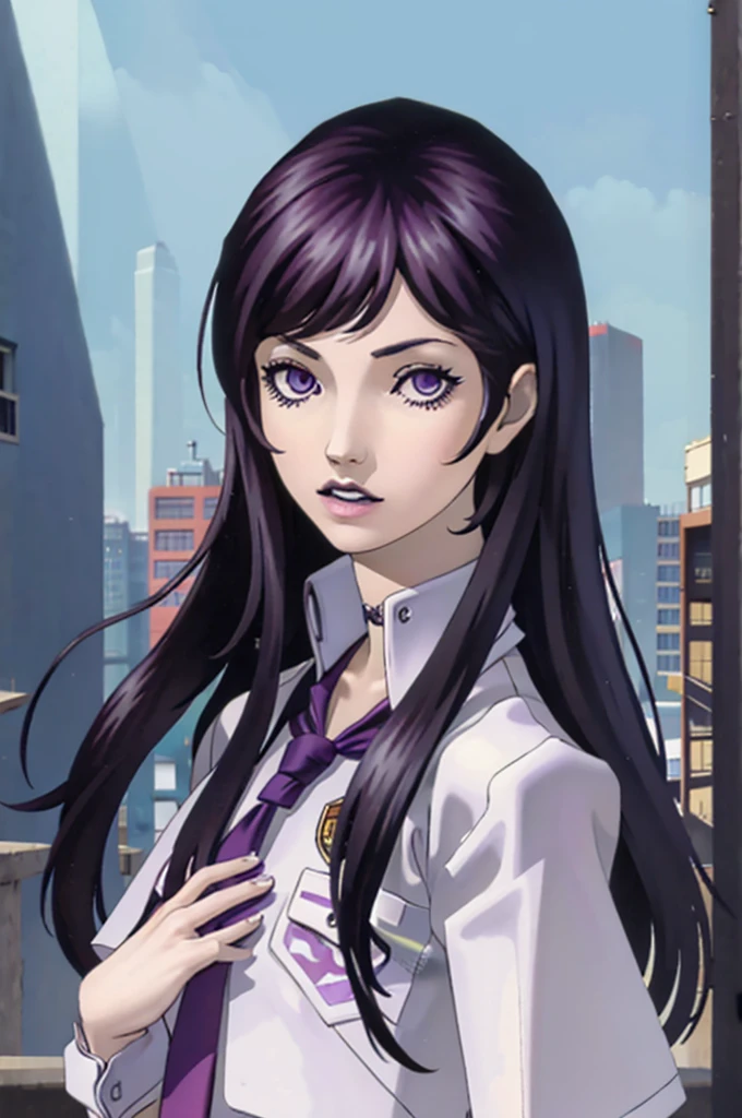 dark Purple haired girl, blue eyes, school uniform, cute