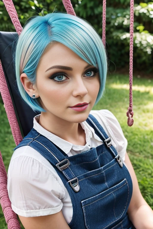 Petite 30 year old woman with blonde and blue hair in a short undercut bob with hair covering one eye and blue eyes wearing eye liner, pink lips, wearing a dungaree, detailed face, sitting on a swing outside