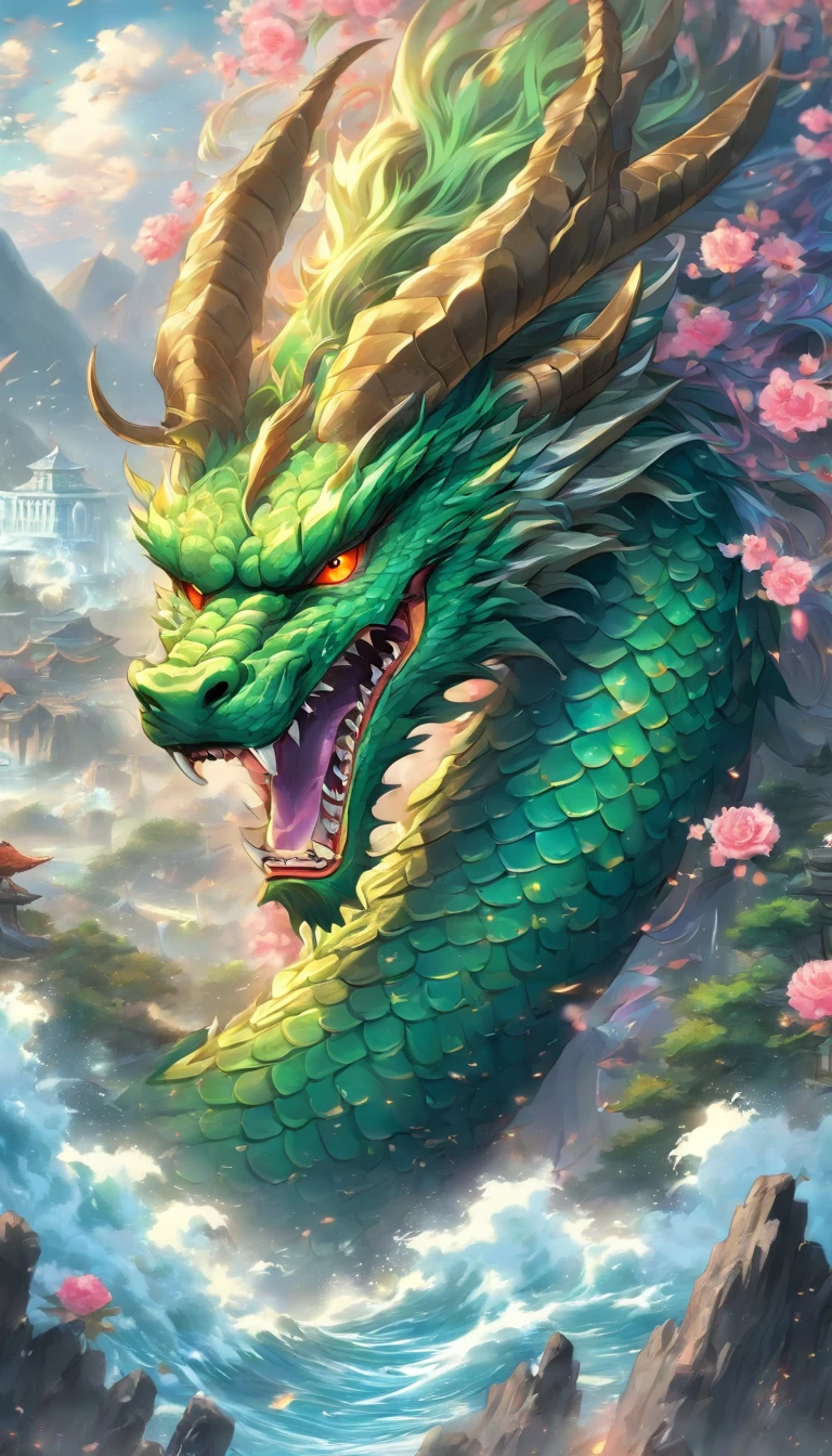 (best quality,4k,8k,highres,masterpiece:1.2),ultra-detailed,(realistic,photorealistic,photo-realistic:1.37),Qinglong, the holy dragon god of mountains and seas,(pencil sketch:detailed,portraits),(punk style,dark:0.9,vibrant:1.1),(flowers,roses,dandelions), intense sunlit, aged paper texture, meticulous shading, intricate linework, large dragon eye, sharp fangs, scales reflecting light, feathers, ornate horns, mechanical punk accessories (goggles, cybernetic arm, piercings), windswept mane, majestic aura, rugged mountain peaks, rolling ocean waves, stormy clouds, crumbling ruins, ancient temple, mystical symbols, vibrant color palette, contrasting shades of green, blue, purple and gold, dramatic lighting effects.