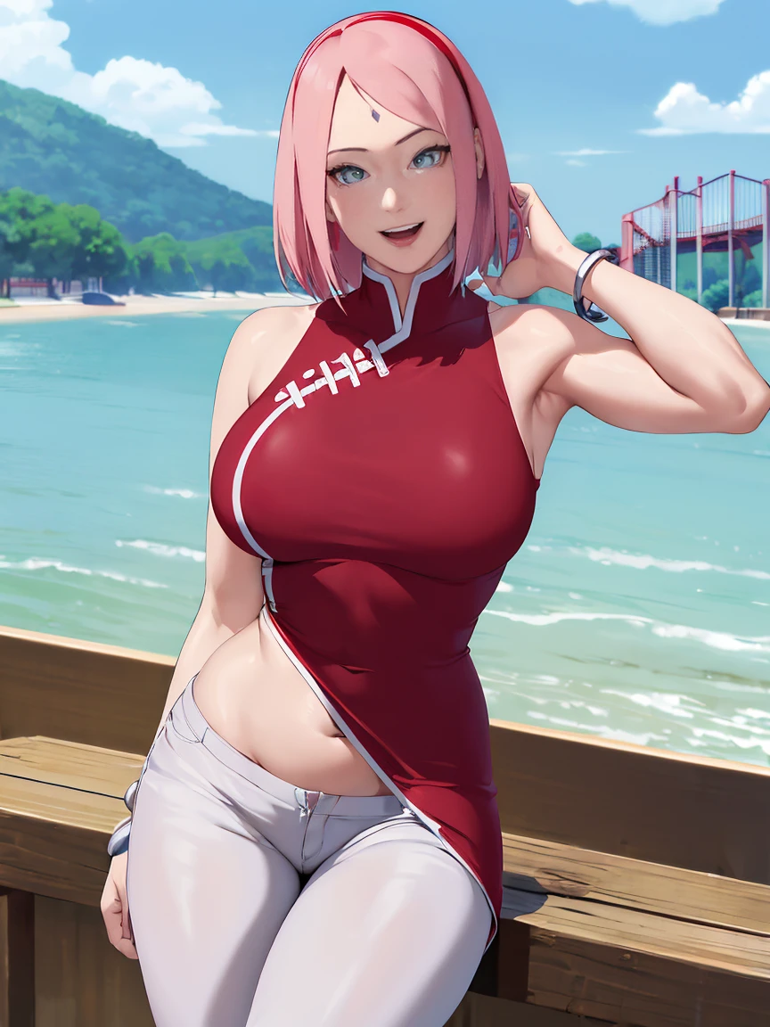 masterpiece, 4k, portrait, cowboy shot, (PLAYGROUND BACKGROUND), professional artwork, intricate details, colorful, digital blending, (ultra detailed body, ultra detail hair, ultra detail face), trending on pixiv, kind smile, best quality, anime style: 1.9, 1girl, hires, haruno sakura, (forehead mark, milf, red hairband, pale skin, (small breasts), short hair, ((red sleeveless dress), white pants), ((navel, belly button), slender body, slender belly, bracelet, pink hair, open mouth, big eyes), smile, beach, wind, floating hair, detailed arms, off-shoulders, broad shoulders, (((both) hands spreading to both sides)), fancy couch, relaxing, laying, talking, looking at the viewer))), (((flexing))), (((ultra detailed arms)))). (((curvy: 1.2)))