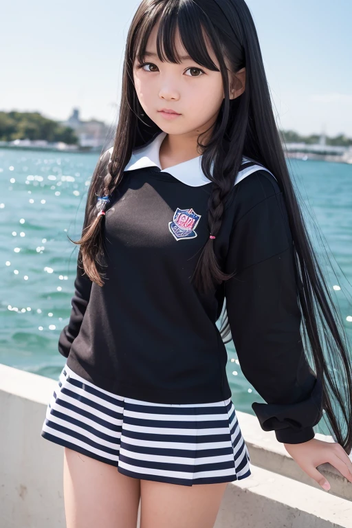 A 14-year-old junior high school girl with long black hair wearing a sailor suit..