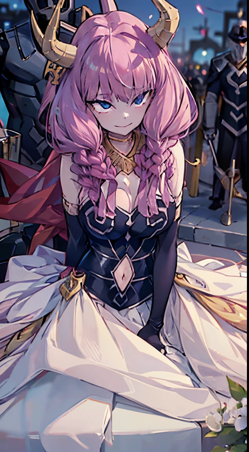 The halo, horn, Long gray hair, looking at viewert, woven, mitts, Double up braid, Wear gloves at the elbows, navel, Black gloves, Lop, Navel incision, Clothing cutting, a skirt, exposed bare shoulders, Large breasts, 1 plump girl, Alone, Upper part of the body, face to the viewer, looking at viewert, ssmile,scroll_There are eyes, cross-eye, Ahegao,, Best quality at best, A high resolution, 4K,tightsuit, closeup of face，at the battlefield，Behind him are many headless horsemen，Systemic blood loss，In the grave，girl among tombstones，Full body like，Elaborate Eyes，The face is rich in detail，shot from far away，natta，in the darkness nigth，lies on the ground，long leges