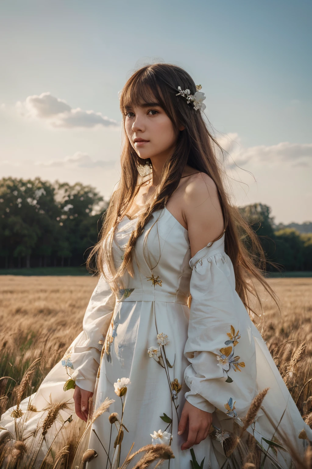 Main parts, bestquality, ultra highres, detailed illustration, portrait, detailed, 1girl standing in a wheat field, alone, long-haired, gowns, floral, white hanfu, smirk, full entire body, white flower, Bareshoulders, very long hair, aqua hair, gag, facing viewer, bangs,