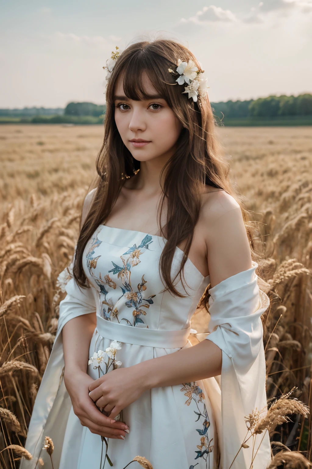 Main parts, bestquality, ultra highres, detailed illustration, portrait, detailed, 1girl standing in a wheat field, alone, long-haired, gowns, floral, white hanfu, smirk, full entire body, white flower, Bareshoulders, very long hair, aqua hair, gag, facing viewer, bangs,