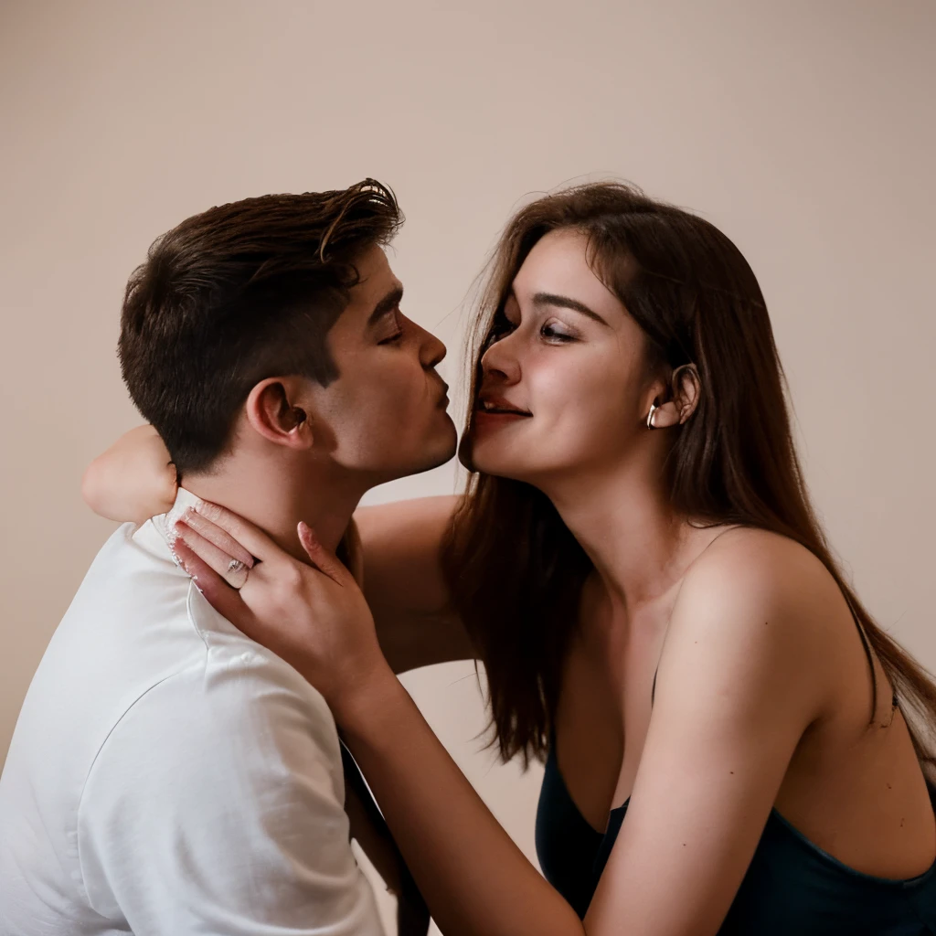 Sexy woman being kissed on the neck by a young boy