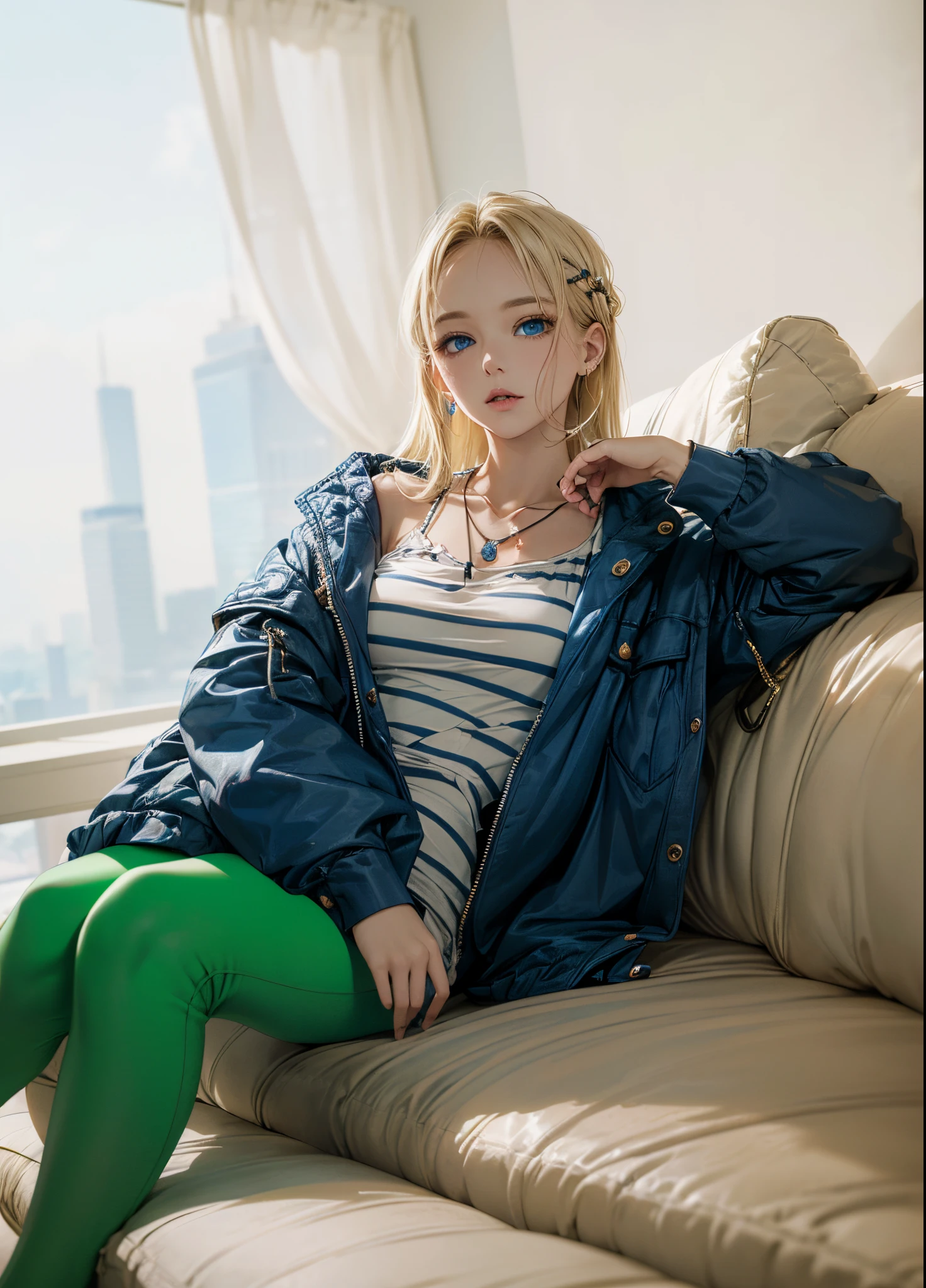 (masterpiece),(top-quality:1.2),1girl in,(masuter piece:1.3),exquisitedetails, Highest quality 8K resolution,Vibrant colors, With warm and gentle lighting,(Smooth straight blonde hair:1.2),(Hair parted in the middle:1.3),(Glowing hair),(Dark blue eyes:1.3),White skin, hair clips,Small necklace,