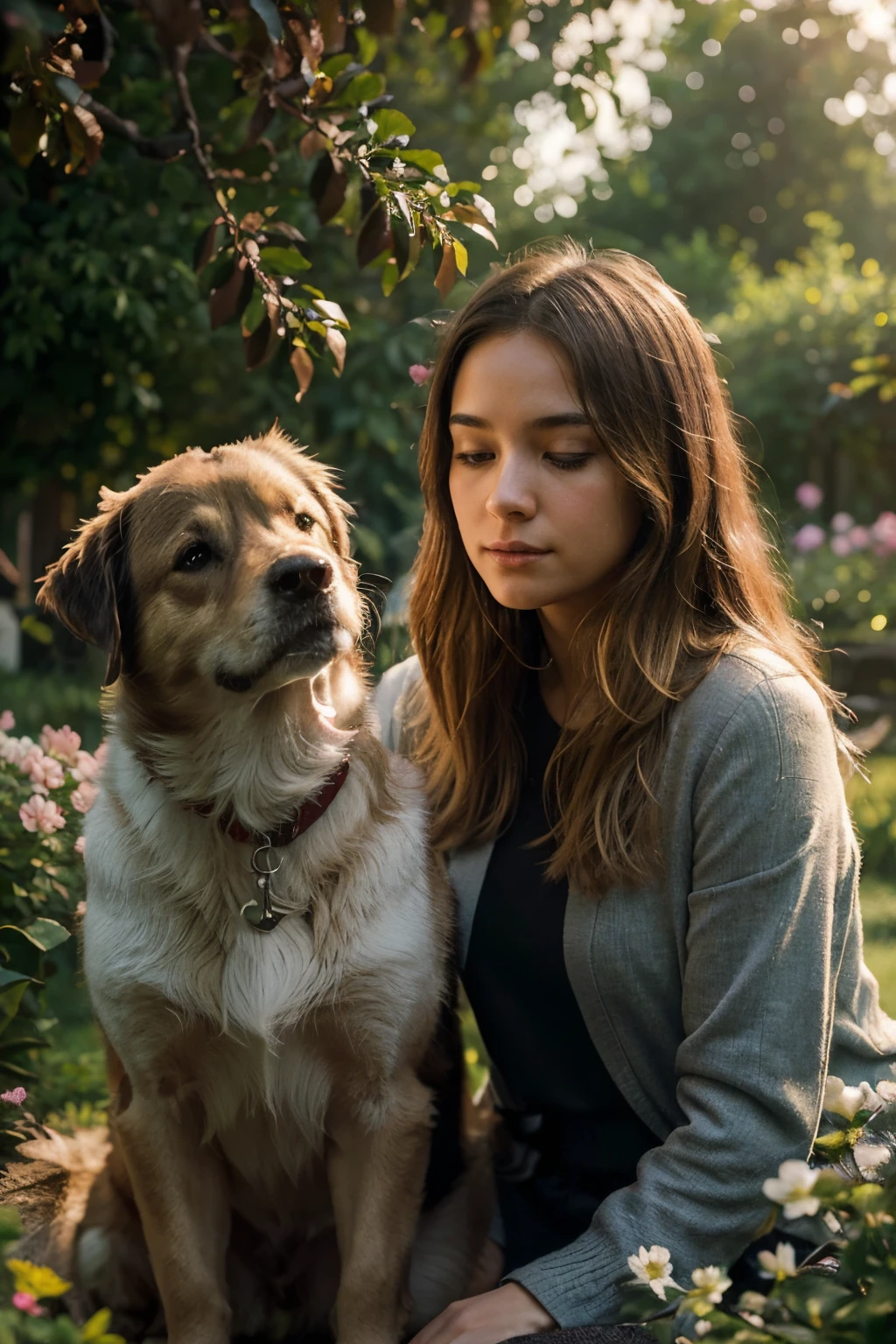 Create a detailed and engaging description to guide the creation of a top-quality artificial intelligence with the ability to generate a cinematic-style image. Visualize a peaceful and charming setting where a dog and a blonde girl share a special moment in a flower garden during sunset, with birds hovering in the sky. Explore advanced levels of detail to capture the texture of the flowers, the light reflections on the dog's fur, and the girl's facial expressions. Use cinematographic techniques to create a unique atmosphere, playing with the nuances of light and shadow, and convey a feeling of serenity and beauty in the scene. The resulting image should transport the viewer to that magical moment, immersed in the tranquility and poetry of the environment.