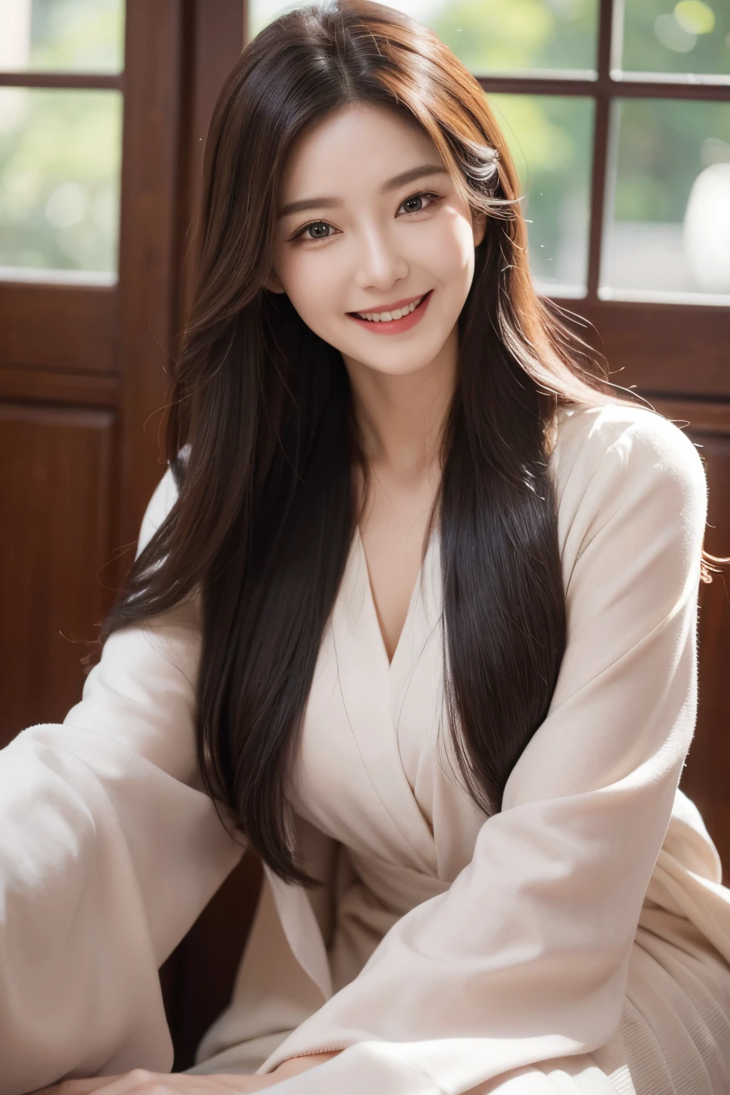(best quality, high-res, photorealistic), beautiful detailed eyes, perfect face shape, long flowing hair, mature look, confidently looking at the camera, captivating smile, infectious smile, full-length portrait, Korean beauty