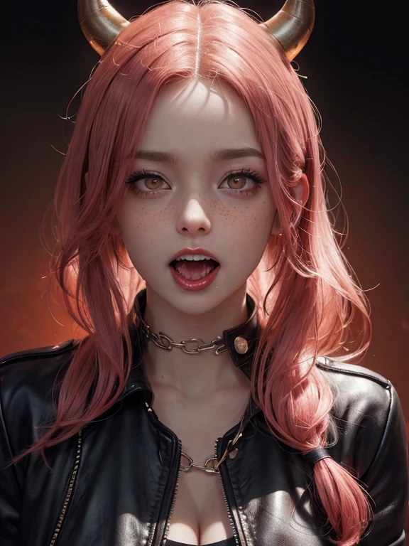 (insanely detailed, beautiful detailed face, masterpiece, best quality), pink hair, ultra detailed beautiful eyes, very long hair, looking at the viewer, giant tits, busty, glowing eyes, freckles, (red infernal background), beautiful detailed glow, a lot of glow, dominant personality, hyper-realistic, perfect hand, 1-demon solo, (masterpiece, extremely_detailed_CG, 8k_wallpaper:1.2) backlight, shadow, chain leash, chained, wearing spiked collar, open leather jacket in the upper body, showing boobs, demonic multitude of lights and glows, focus on tits, nsfw, naked, freckles, yellow eyes, drooling, yellow eyes, sharp teeth, open mouth, red horns, tongue, licking, saliva, fangs, tongue out,