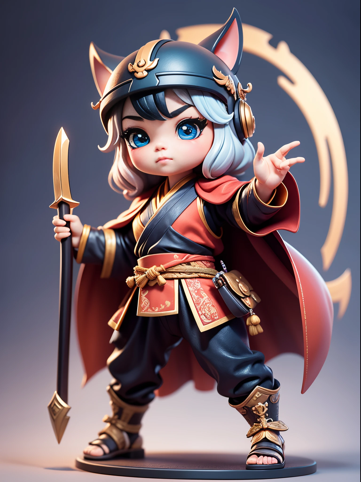 3D vector art, Fantasyart, bokeh, digitial painting, gentlesoftlighting, Isometric style, 8K分辨率, Photorealistic rendering, Highly detailed cleaning, Vector Image, Photorealistic masterpiece, professional photoshooting, simply white background,The background has no unnecessary decoration。 isometry, ultra - detailed、 3D big head figure toy man, ((big headed))(((3 years old))), (toddlers)Nendoroid 3D,, A big-headed girl,((Red cape)),frontal view。((Full body like))。black color hair。2 braids。No extra stray hair. Wearing a red samurai helmet on his head, (red helmet),Samurai Steel Helmet,(One hand holds a long weapon)。Shimmering with metallic luster.。defensive martial arts postures。Chinese Kung Fu styling。The action is dashing。The hand is 5 fingers, The correct gesture to hold the weapon.Big blue eyes。(Long eyelashes). Cute and cute
