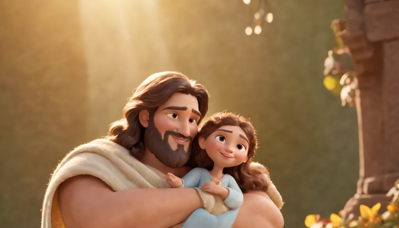 a cartoon of biblical jesus happily hugging and welcoming a woman into heaven, a very beautiful place in heaven, beautiful tress, lions and tigers, animated film, 3 d animated movie, animated still, animated movie, inspired by Johannes Helgeson, jesus wasted at a party, animation film, animated film still, rendered in corona, epic illumination, 3 d animated, 3d animated, he is greeting you warmly Caractere estilizado, animation style rendering, 3D estilizado, Arnold Maya render, 3 d render stylized, toon render keyshot, Personagem 3D, Personagem 3D, 3d rendering stylized, 3 d character render, personagem de desenho animado, Personagem de close up, Pose de personagem,  (Estilo Pixar) (master part:1.2) (Bokeh) (best quality) (pele detalhada) (textura detalhada) (8k) (argila) (Cinematic lighting) (foco nítido