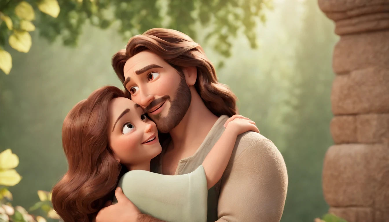 a cartoon of biblical jesus happily hugging and welcoming a woman into heaven, a very beautiful place in heaven, beautiful tress, lions and tigers, animated film, 3 d animated movie, animated still, animated movie, inspired by Johannes Helgeson, jesus wasted at a party, animation film, animated film still, rendered in corona, epic illumination, 3 d animated, 3d animated, he is greeting you warmly Caractere estilizado, animation style rendering, 3D estilizado, Arnold Maya render, 3 d render stylized, toon render keyshot, Personagem 3D, Personagem 3D, 3d rendering stylized, 3 d character render, personagem de desenho animado, Personagem de close up, Pose de personagem, (Estilo Pixar) (master part:1.2) (Bokeh) (best quality) (pele detalhada) (textura detalhada) (8k) (argila) (Cinematic lighting) (foco nítido