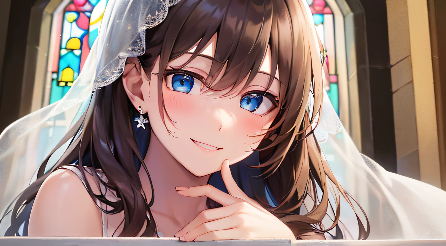 ​masterpiece、top-quality、25 year old woman with long brown hair and blue eyes、Wearing a white wedding dress、Hands raised、(A shy and smiling expression:1.3)、(Staring:1.5)、(Close-up of the subject's face:1.3)、background is church、is standing、Bold composition、Upper body is shown、Alone、