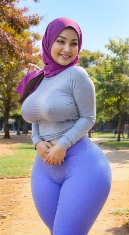 masterpiece, high quality photos, detailed photos, beautiful chubby Malay woman wearing a hijab, has super plump breasts, wearing a tight t-shirt, sexy leggings, big buttocks, posing smiling in the park, detailed body description, detailed facial description,