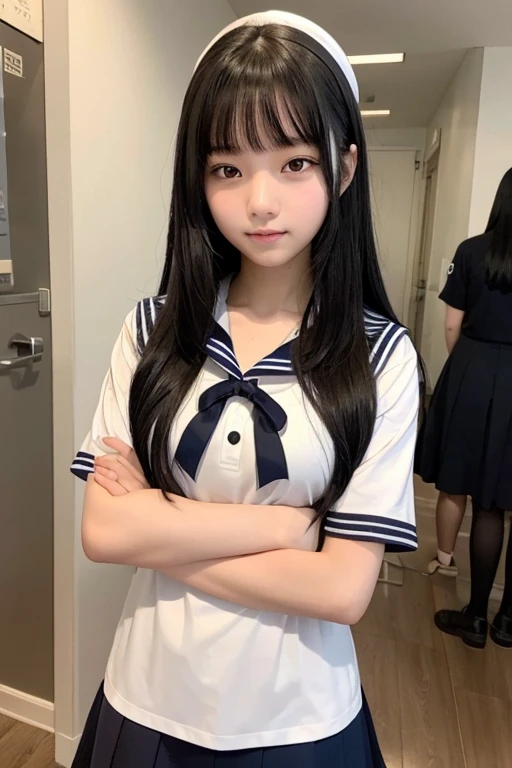 A 16-year-old high school girl with long black hair wearing a sailor uniform..