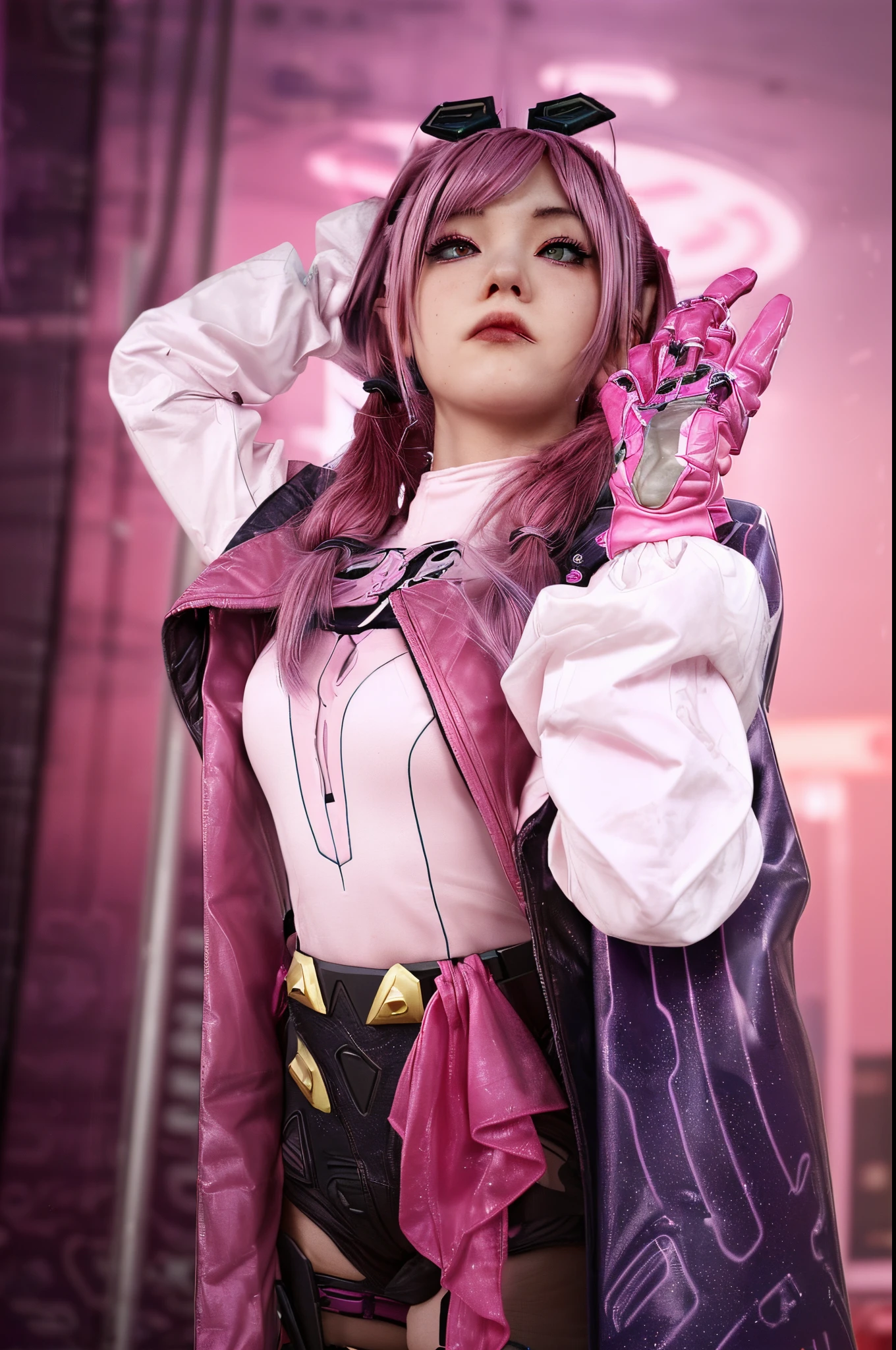 anime girl with pink hair and pink gloves standing in a futuristic city, in front of a sci fi cityscape, at cyberpunk city, in cyberpunk city, in front of a fantasy city, in a cybercity, posing in LONDON futuristic, pink twintail hair and cyan eyes, with pink hair, twintails white_gloves, style game square enix, rain, FANTASY GOTHIC city:1.4