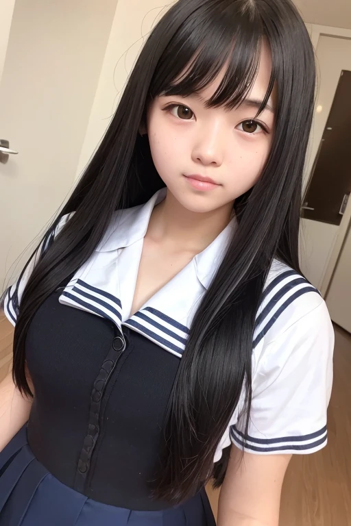 A 16-year-old high school girl with long black hair wearing a sailor uniform..