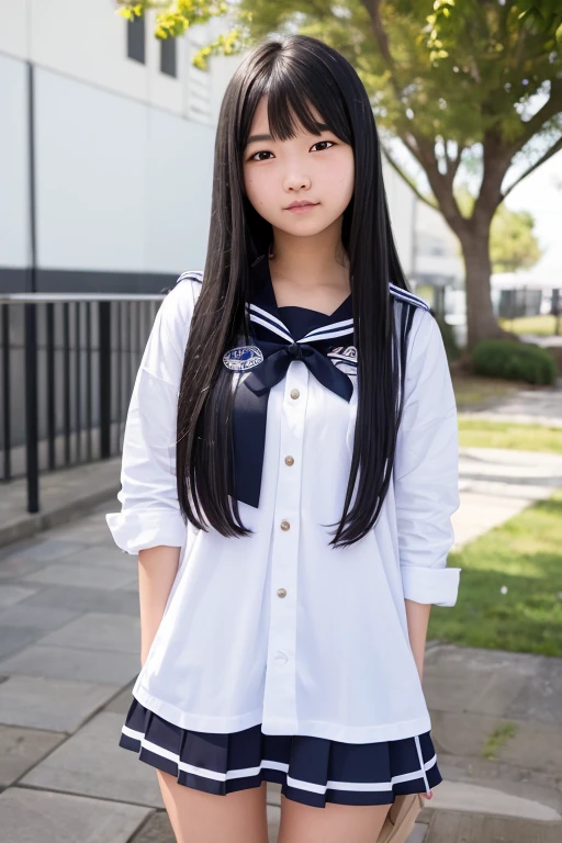 A 16-year-old high school girl with long black hair wearing a sailor uniform..