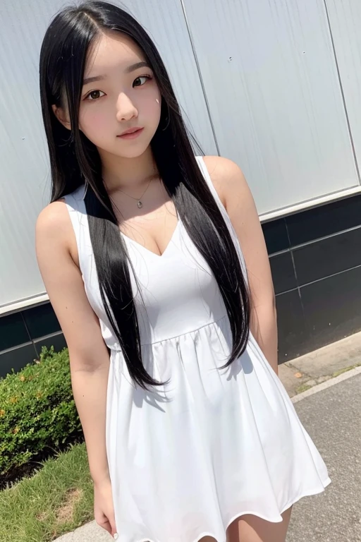 ((midium tits))、((long-hair))、With smiling eyes、((shot at eye-level))、((In a standing position))、(Best Quality,8K,masutepiece:1.3),Realistic high-resolution photos,Premium Quality,With smiling eyes、Detailed face of cute girl,Young girl model photo,Shot in the park,Micro Mini Skirt、Girl Model,Beautiful girl model,A 9-year-old girl,Adorable face,Front view,Long face、shot from front、shot at eye-level、Big eyes、9-year-old girl model,Beautiful Model Girl,Smiling,lovely delicate face,Black hair,Gorgeous Black eyes,Tear trough,