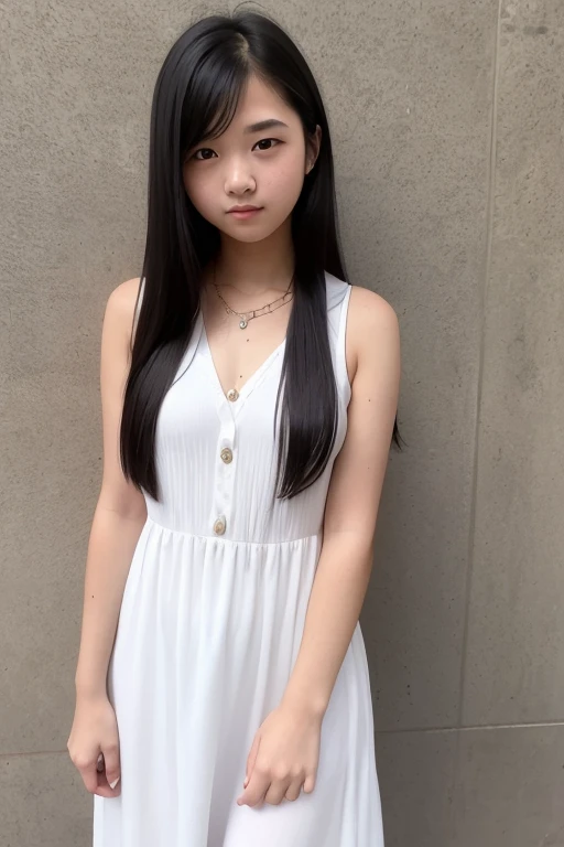 A 16-year-old high school girl with long black hair wearing a white dress..