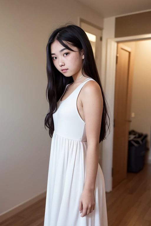 A 16-year-old high school girl with long black hair wearing a white dress..