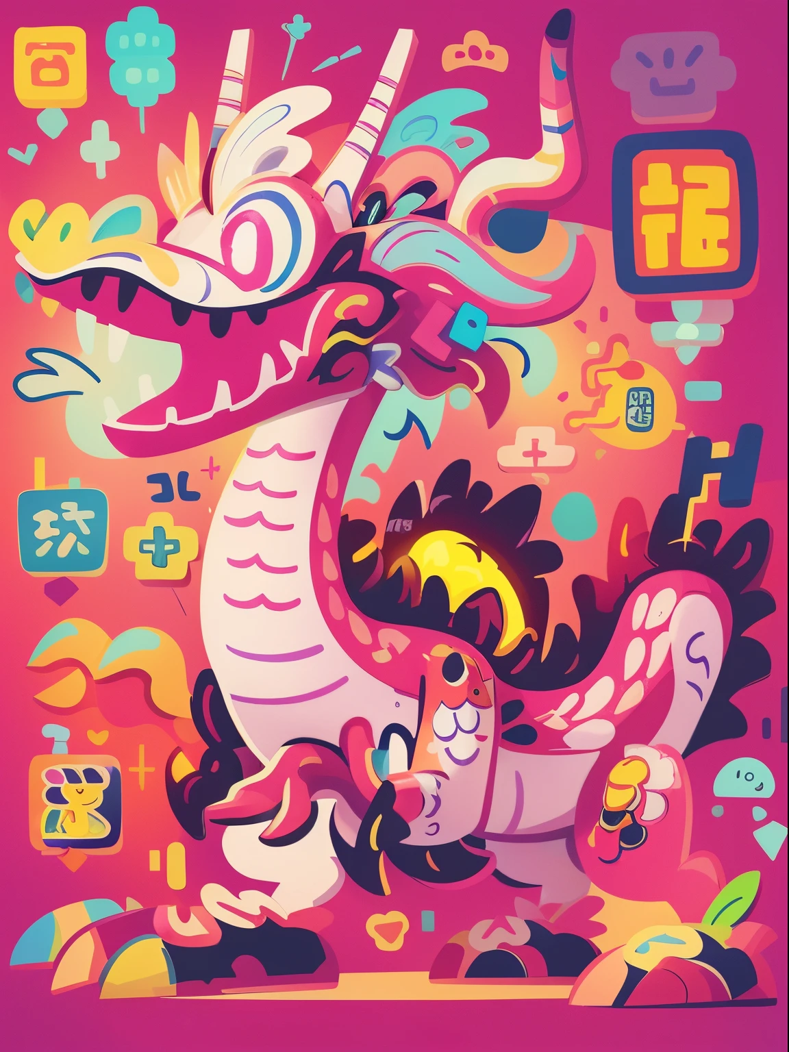 an image of a colorful dragonwith different cartoon stickers on it, in the styleof qiu shengxian, bright colors, bold shapes, darkwhite and light magenta, graffiti-like lettering,charming character illustrations, rough-edged 2danimation, carnivalcore