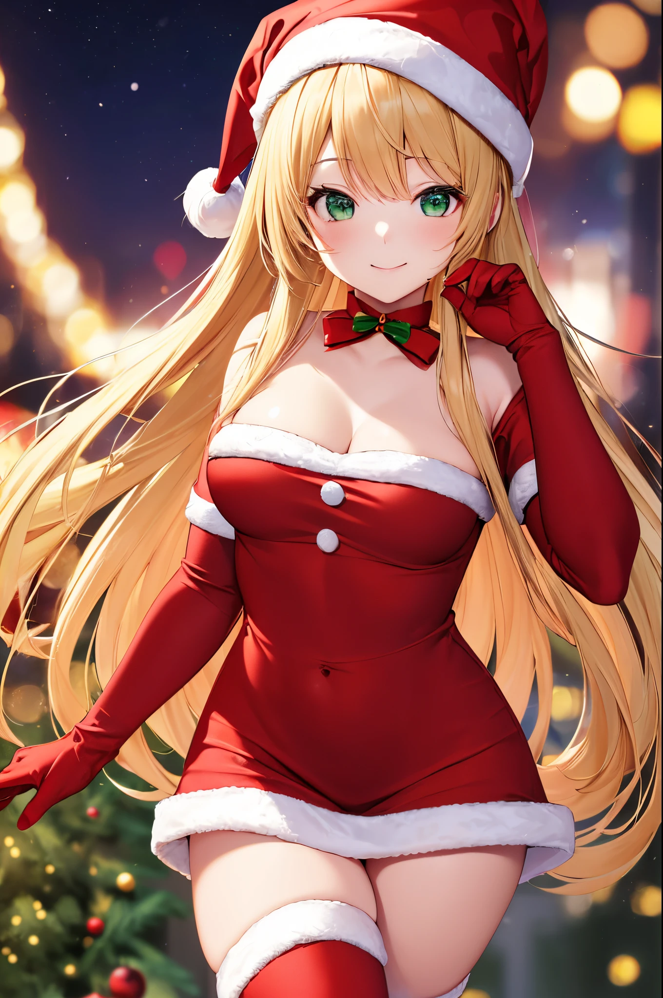 ((masterpiece, best quality, ultra-detailed, very fine 8KCG wallpapers)), 1girl, solo, kawaii, smile, medium breasts, blonde hair, long hair, green eyes, santa, red beret, red bow ribbon, red gloves, red dress, red boots, santa girl costume, christmas, holy night, christmas decorations, christmas night, nice hands, perfect hands,
