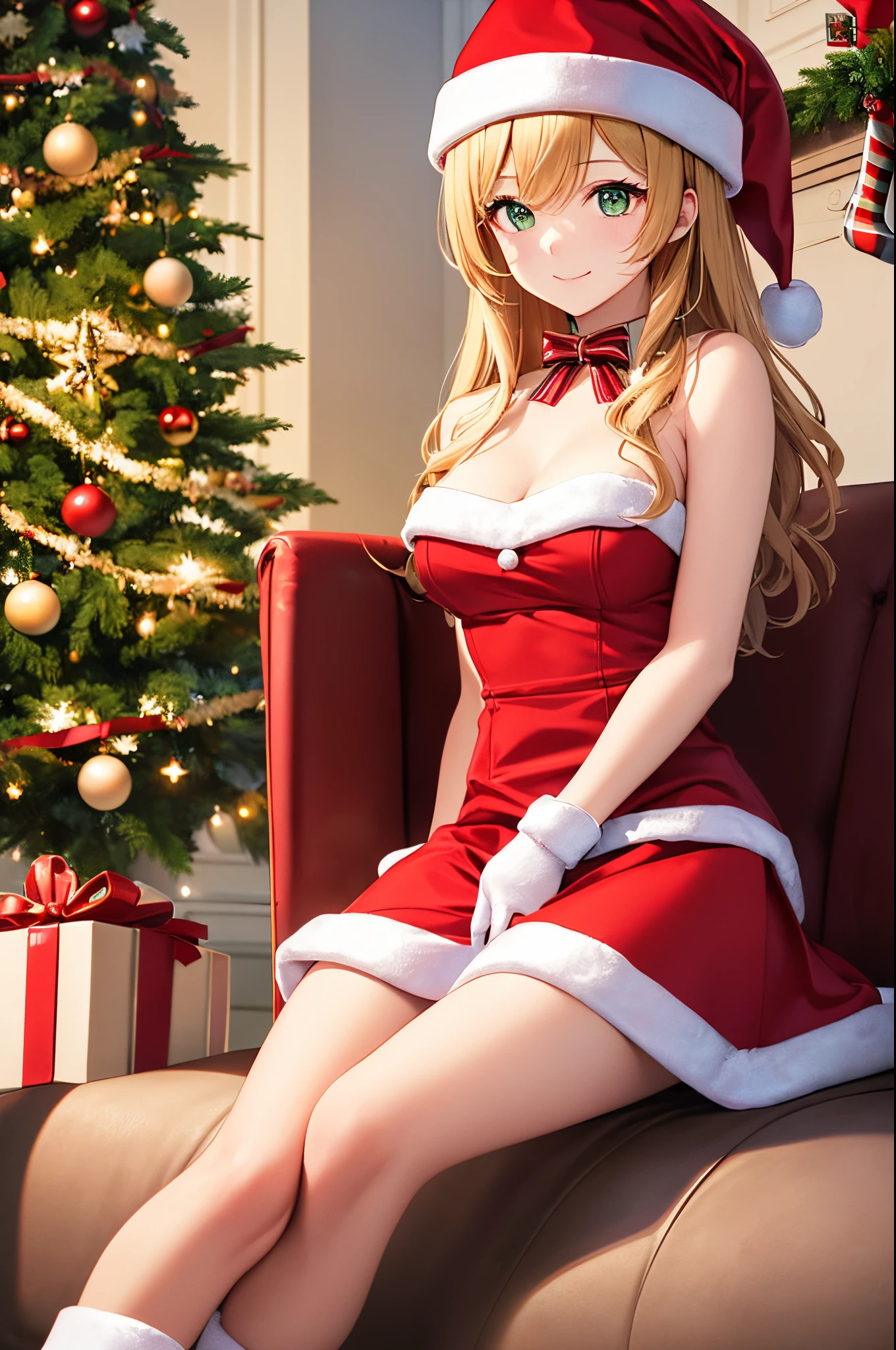 ((masterpiece, best quality, ultra-detailed, very fine 8KCG wallpapers)), 1girl, solo, kawaii, smile, medium breasts, blonde hair, long hair, green eyes, santa, red beret, red bow ribbon, red gloves, red dress, red boots, santa girl costume, christmas, holy night, christmas decorations, christmas night, nice hands, perfect hands,