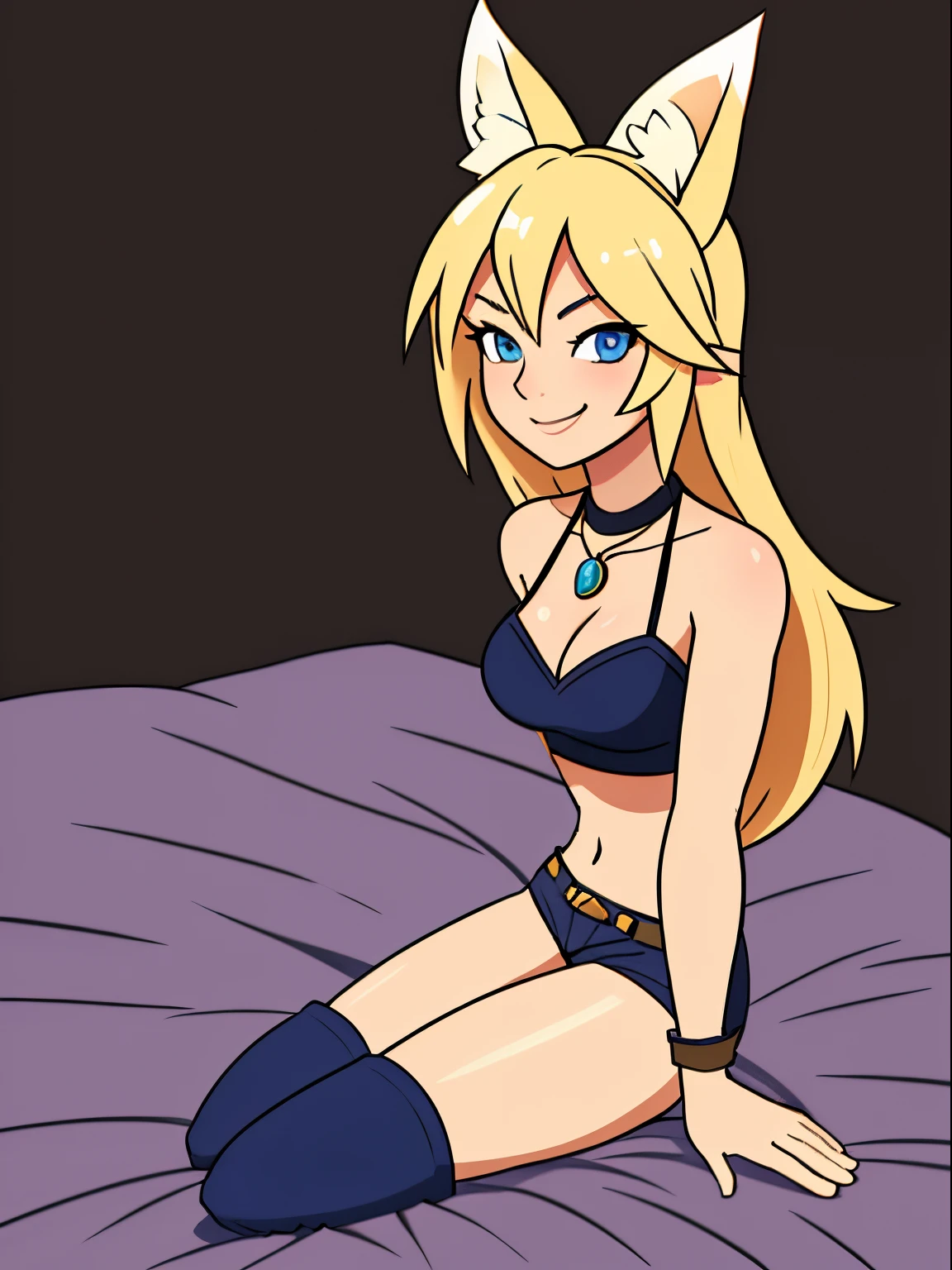 Blonde hair, blue eyes, 1girl, medium breasts, jewelry, long hair, necklace, solo, hair ornament, cleavage, sidelocks, bare shoulders, cloudy night, (dirty blond Fox ears:1.25), revealing clothes, crop top armor, short shorts armor, hair clip, bracelet, looking at viewer, (action shot, crawling on a bed: 1.25) (narrow hips & waist), simple background, mischievous face, shy smile,