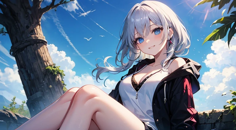 extremely delicate and beautiful art, pastel color, anime, beautiful detailed eyes, 1 anime girl, a girl sitting on the ground, lean back with arms behind back, knees up, a futuristic flying object, wind, blue sky with clouds, bare midriff, long hair, the water's edge, dutch angle