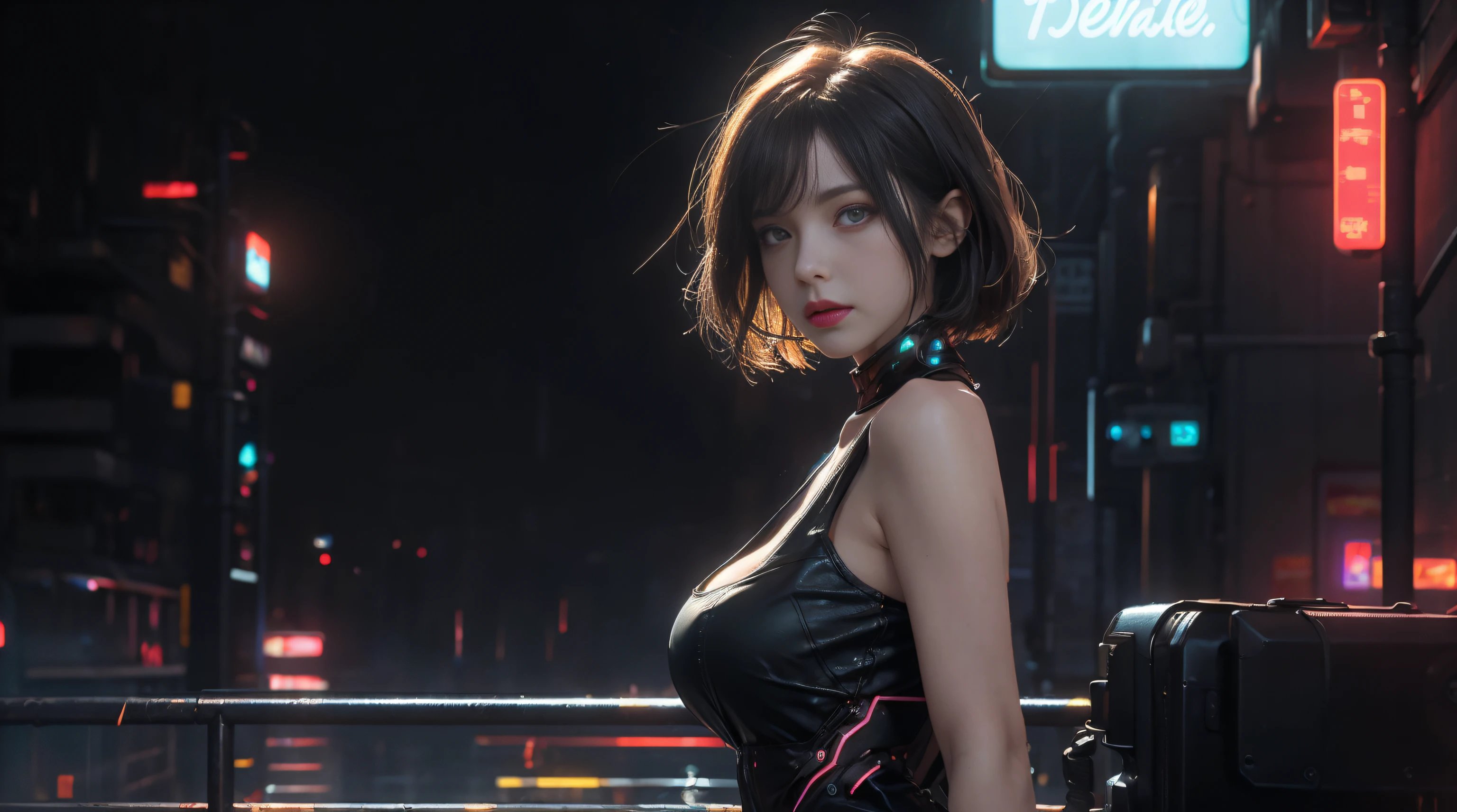 filmposter,hyper HD,Hyper-realistic,realisticlying,photography of,one-girl,Large breasts,(Mid-range portrait:1.8),looks into camera, the night,Bustling city,neonlight,volume fog,Jumpy, short detailed hair,cyber punk perssonage,dramatics