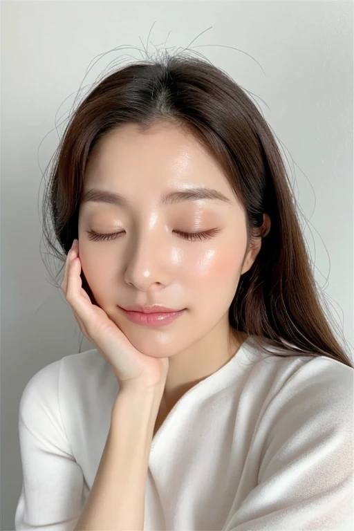 Beautiful skin woman like model in skincare advertisement Makeup is light clean white clothes age 30s Photorealistic skin I don't know what AI is Close to human Closing your eyes press your face with your hands
