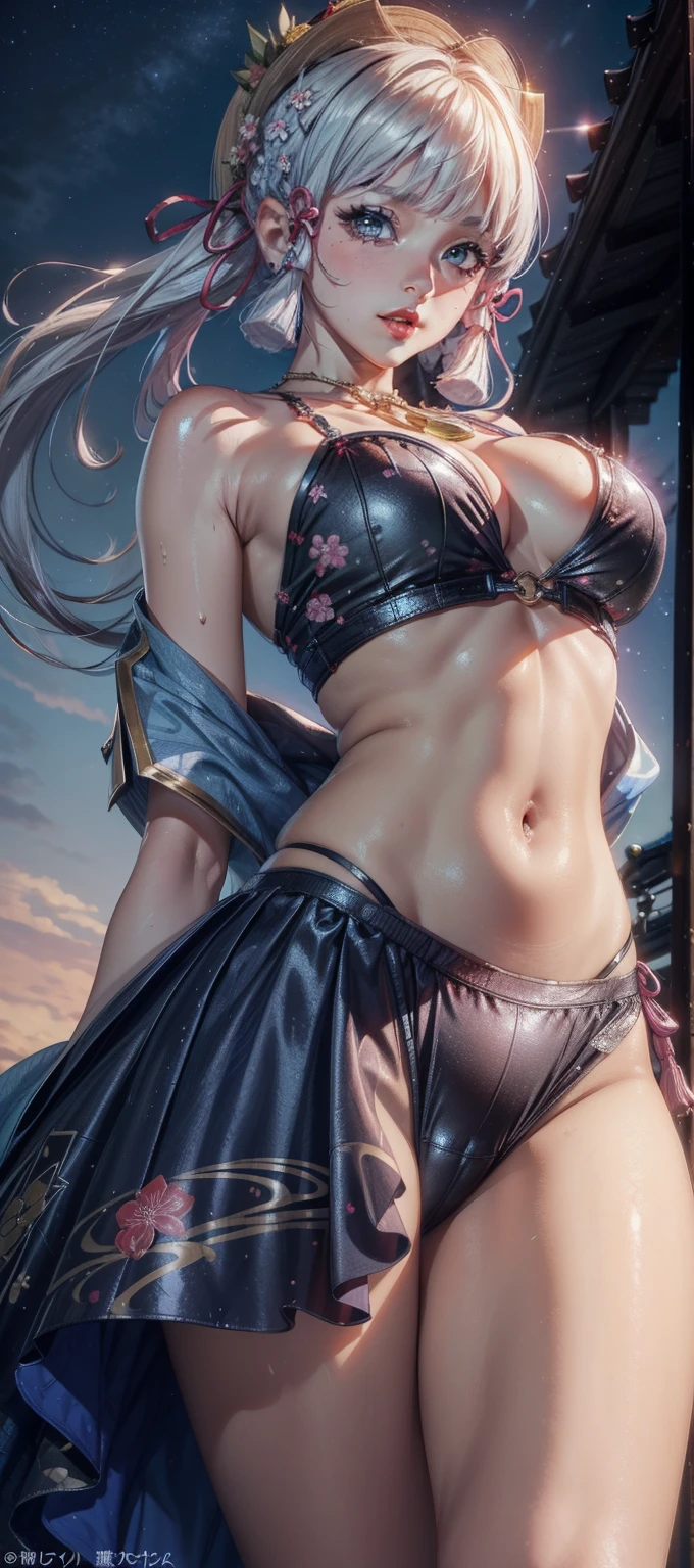 ((masterpiece)),(bestquality),((ultra-detailed)), ((beautiful detailed sky)), ((cinematic lighting)), depth of field, (dynamic angle),detailed lighting,(beautiful detailed eyes), ((japan night view)),red lip, eyeshadow,large breast, (erotic), ((sexy)), cleavage, navel, (kamisatoayakaspring), (((from below))), (((detailed cameltoe)))