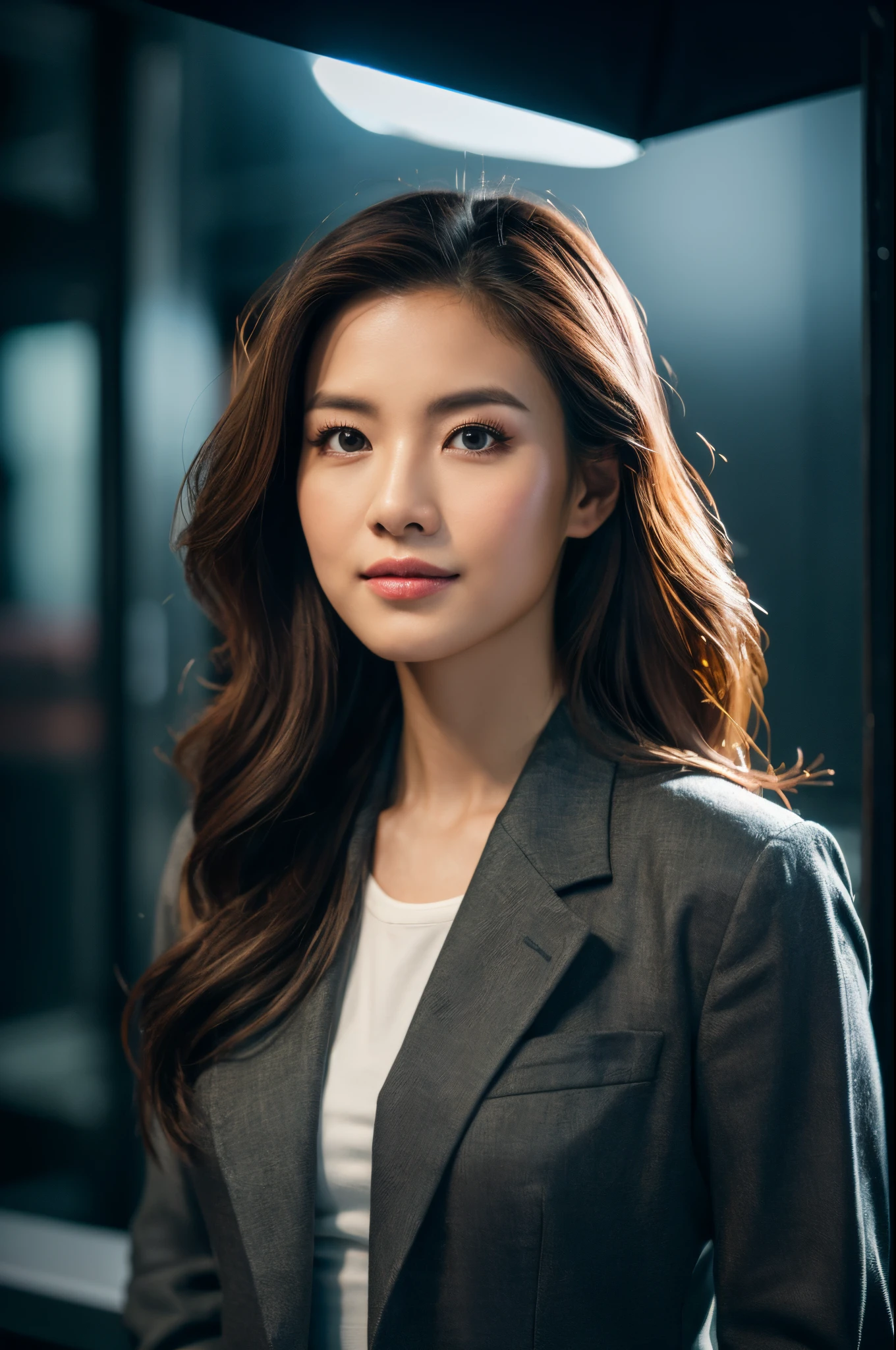 (best quality,highres,ultra-detailed,realistic:1.37),medium shot, professional,portraits, gray studio backgroud, sharp focus,physically-based rendering,handsome asian, confident,a business woman in her 20s, Vietnamese woman,bright expressive eyes, long wavy hair,sophisticated suit,stern yet approachable,subtle bokeh. 50mm lens, medium shot, dark background, cinematic lighting. studio background.