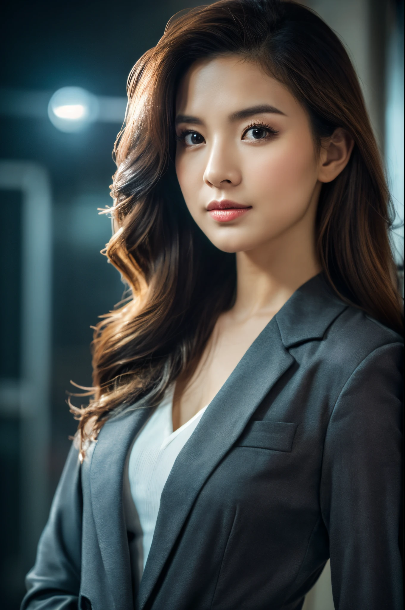 (best quality,highres,ultra-detailed,realistic:1.37),medium shot, professional,portraits, gray studio backgroud, sharp focus,physically-based rendering,handsome asian, confident,a business woman in her 20s, Vietnamese woman,bright expressive eyes, long wavy hair,sophisticated suit,stern yet approachable,subtle bokeh. 50mm lens, medium shot, dark background, cinematic lighting. studio background.