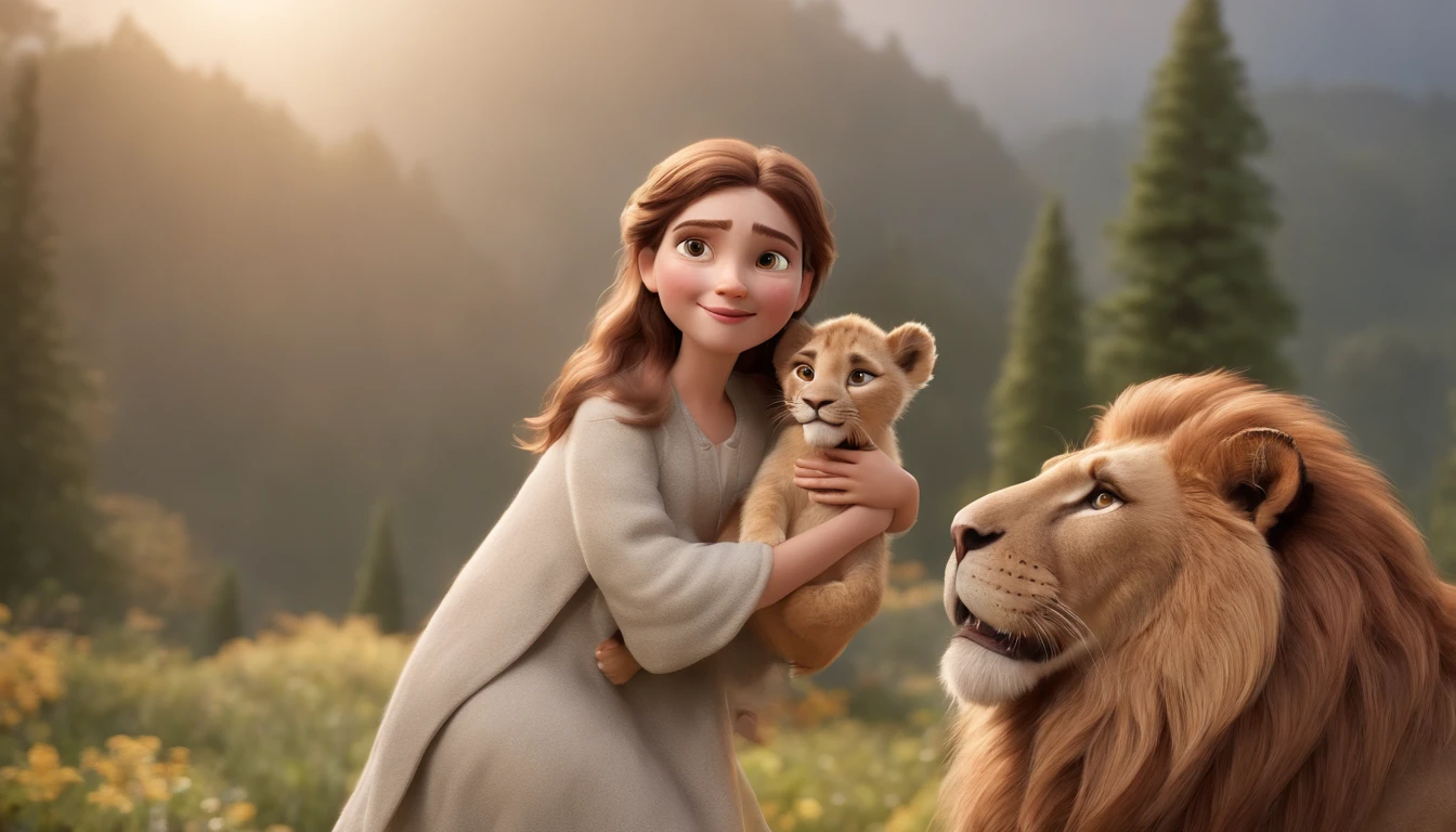 a cartoon of biblical time teenage girl happily hugging and playing with a lion in heaven, a very beautiful place in heaven, beautiful tress, lions and tigers, animated film, 3 d animated movie, animated still, animated movie, inspired by Johannes Helgeson, jesus wasted at a party, animation film, animated film still, rendered in corona, epic illumination, 3 d animated, 3d animated, he is greeting you warmly Caractere estilizado, animation style rendering, 3D estilizado, Arnold Maya render, 3 d render stylized, toon render keyshot, Personagem 3D, Personagem 3D, 3d rendering stylized, 3 d character render, personagem de desenho animado, Personagem de close up, Pose de personagem, (Estilo Pixar) (master part:1.2) (Bokeh) (best quality) (pele detalhada) (textura detalhada) (8k) (argila) (Cinematic lighting) (foco nítido