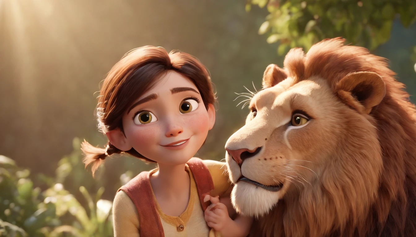 a cartoon of biblical time teenage girl happily hugging and playing with a lion in heaven, a very beautiful place in heaven, beautiful tress, lions and tigers, animated film, 3 d animated movie, animated still, animated movie, inspired by Johannes Helgeson, jesus wasted at a party, animation film, animated film still, rendered in corona, epic illumination, 3 d animated, 3d animated, he is greeting you warmly Caractere estilizado, animation style rendering, 3D estilizado, Arnold Maya render, 3 d render stylized, toon render keyshot, Personagem 3D, Personagem 3D, 3d rendering stylized, 3 d character render, personagem de desenho animado, Personagem de close up, Pose de personagem, (Estilo Pixar) (master part:1.2) (Bokeh) (best quality) (pele detalhada) (textura detalhada) (8k) (argila) (Cinematic lighting) (foco nítido
