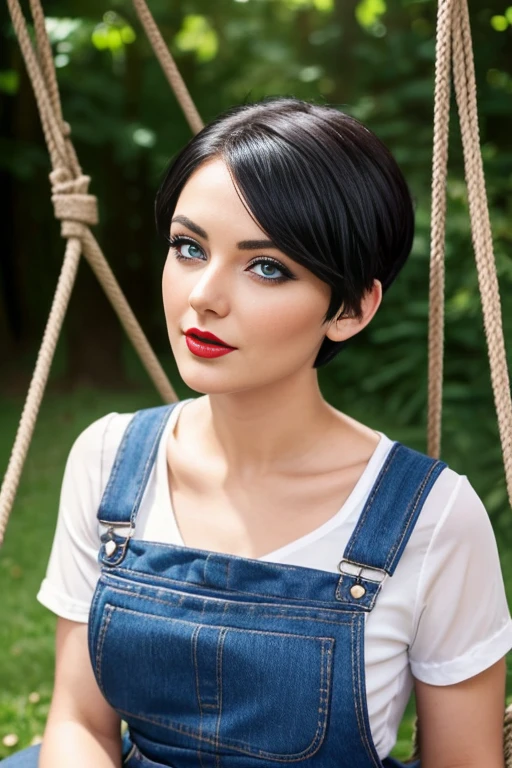 Petite 30 year old woman with golden black hair in a short undercut pixie style with hair covering one eye and blue eyes wearing eye liner, red lips, wearing a dungaree, detailed face, sitting on a swing outside