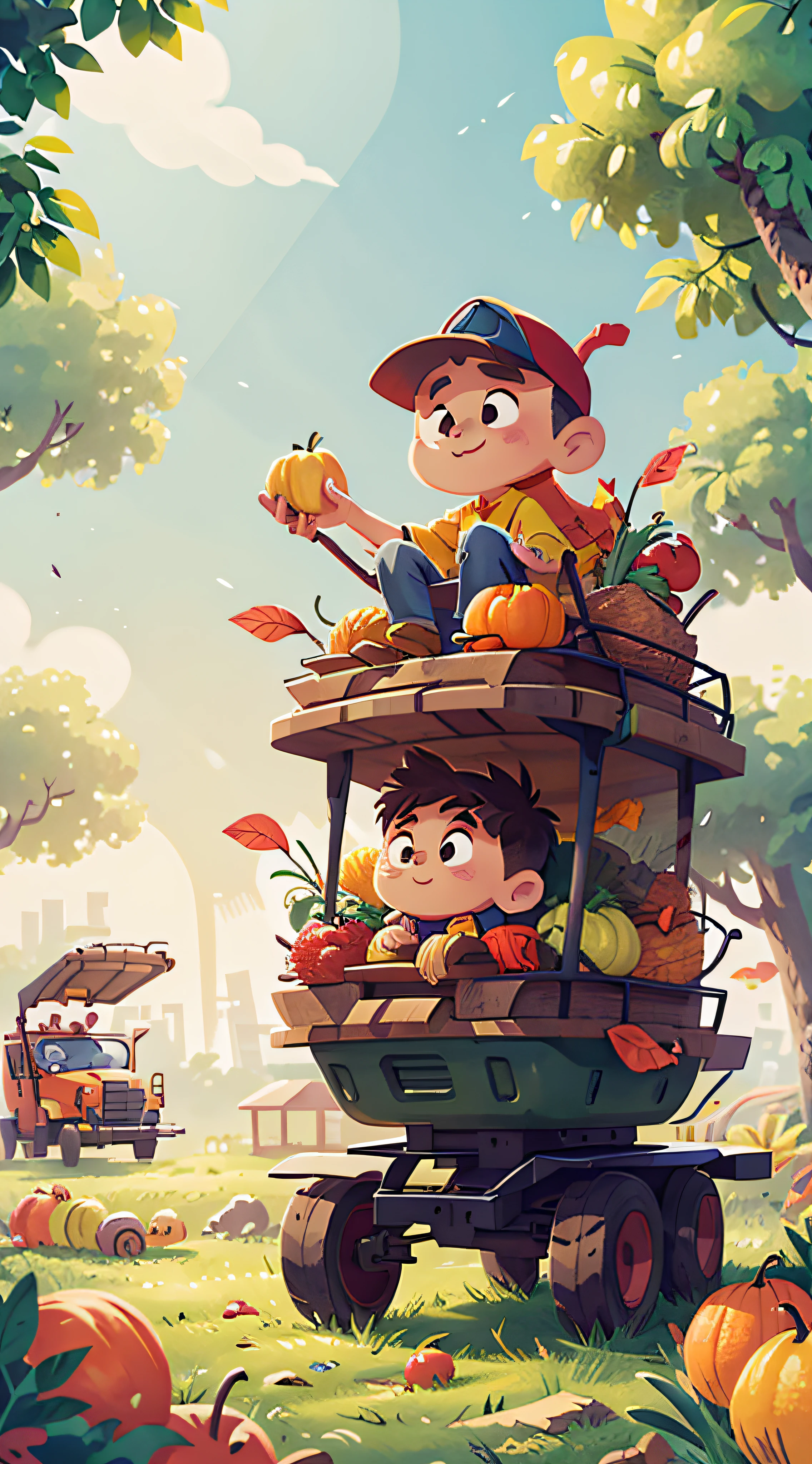 fall season,bumper harvest,"just right" in Chinese,cartoon mechanical style