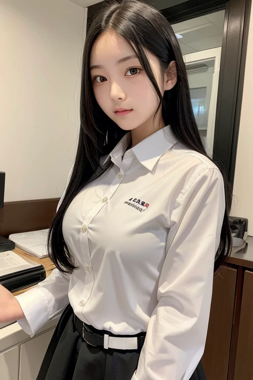 (Woman standing in office:1.3、The background is the office)、(Realistic、Like a photograph、Live Action、8k, Photorealistic, RAW Photos, Best image quality: 1.4), Single-lens reflex camera、RAW Photos, highest quality, Realistic, Highly detailed CG Unity 8k wallpaper, Written boundary depth, Cinematic Light, Lens flare, Ray Tracing, Realistic background、(T-Shirts:1.2、(mermaidskirt:1.5，Long skirt)、Large Breasts:1.37、((Wear a name tag around your neck)))、((Ultra-dense skin))、 1 female,Cute Japanese Woman、Japanese office lady at work、((whole body:1.5)，View the computer:1.1、smile、(Medium Hair、Short Ponytail:1.3)、I like that style、Stylish、Very detailed、Pay attention to the details、Perfect outfit、(Sunburned skin)、Beautiful legs:1.1，Anatomically correct body、Accurate Fingers、Are standing、View from the front