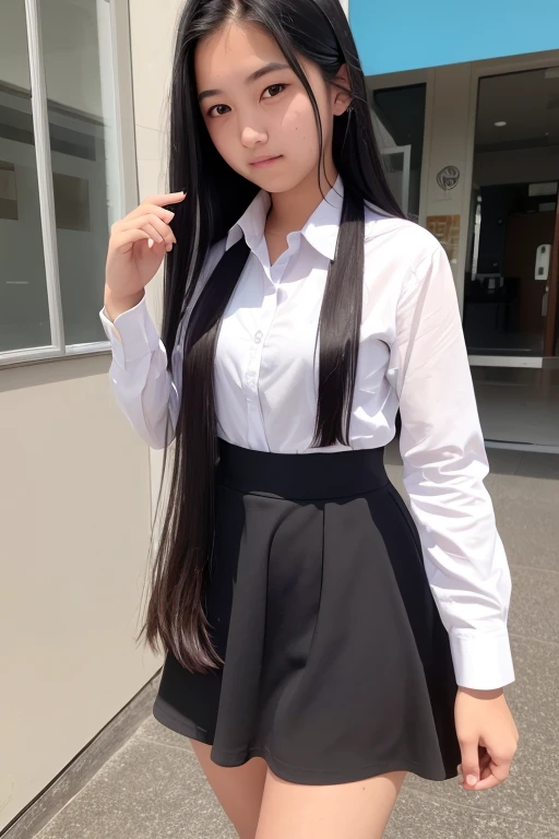 A 16-year-old high school girl with long black hair wearing a dress shirt