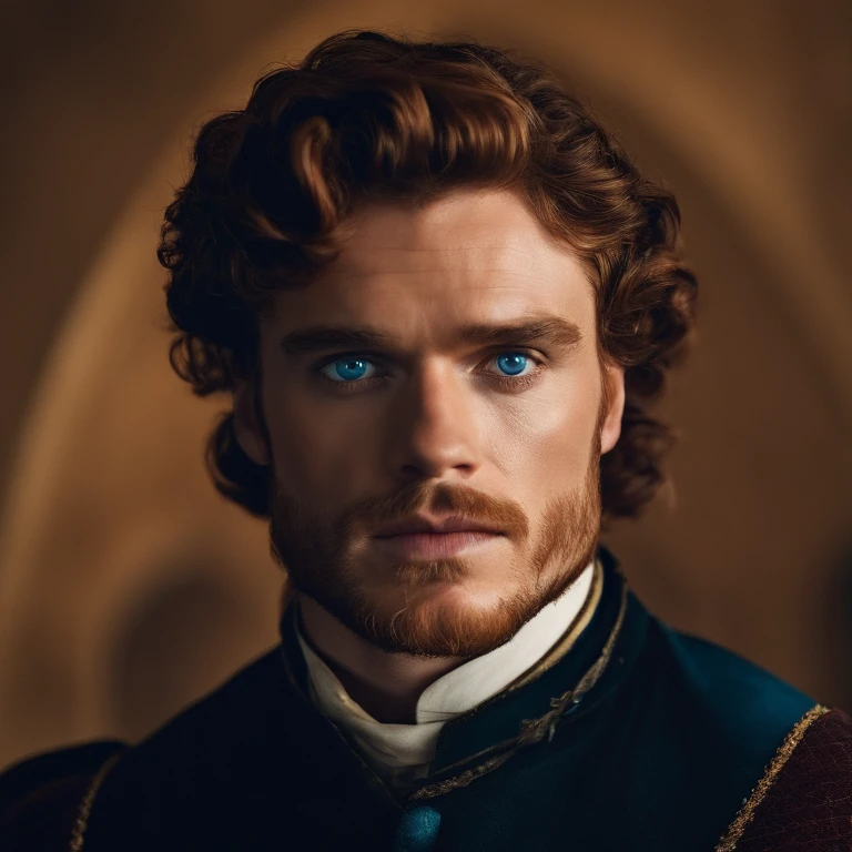 Robb Stark has curly auburn hair, blue eyes, and stubble. Famously portrayed by Richard Madden.,Game of Thrones TV series,Robb Stark has curly auburn hair, blue eyes, and stubble. Famously portrayed by Richard Madden.,face,photo