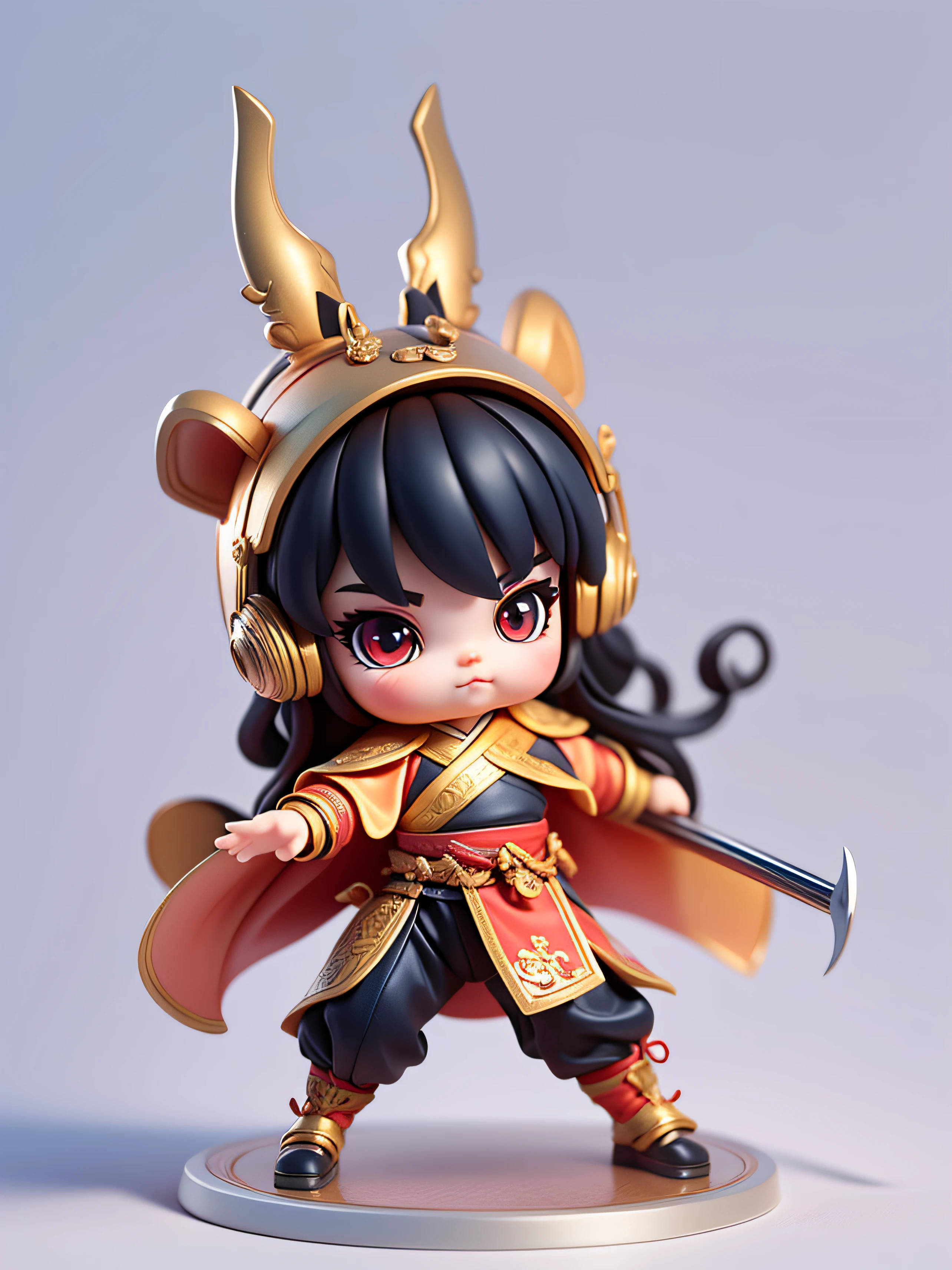 Create a collection of adorable chibi style dolls with a cute street theme, Each features tons of detail and 8K resolution. White clean background, tmasterpiece、top-quality、ultra - detailed、 3D big head figure toy man, Big Head Nendoroid 3D,, A big-headed girl,((3 years old)), toddlers,((Red cape)),frontal view。((Full body like))。black color hair。2 braids。No extra stray hair. Wearing a red samurai helmet on his head,(red helmet),Samurai Steel Helmet,。(There are two slender Monkey King-style tentacles on the top of the helmet.)。There are also two raised white eyeballs on the helmet for decoration.。Wearing kung fu armor。One hand holds a long weapon。Shimmering with metallic luster.。defensive martial arts postures。Chinese Kung Fu styling。The action is dashing。The hand is 5 fingers, The correct gesture to hold the weapon.Big blue eyes。(Long eyelashes).