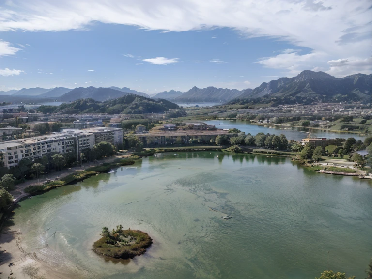 Community around the lake,dense with greenery,tall house,Planes