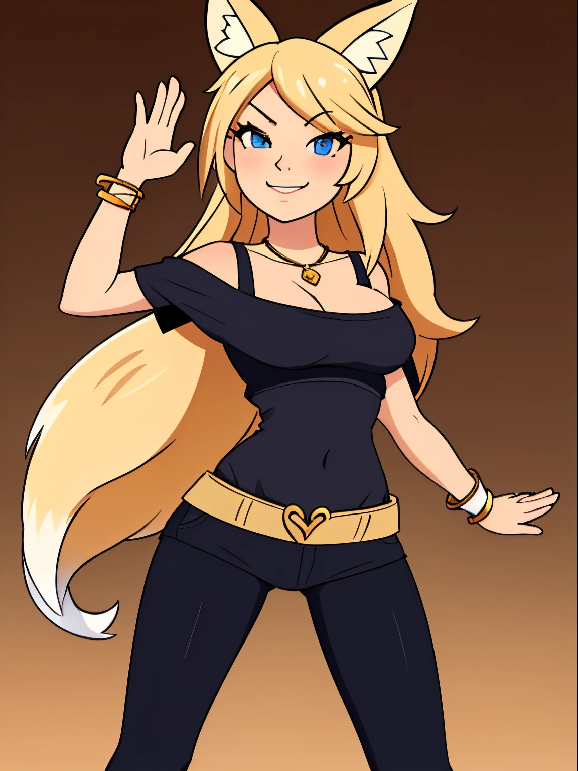 Blonde hair, blue eyes, 1girl, medium breasts, jewelry, long hair, necklace, solo, hair ornament, cleavage, sidelocks, bare shoulders, cloudy night, (dirty blond Fox ears:1.25), revealing clothes, crop top armor, short shorts armor, hair clip, bracelet, looking at viewer, (action shot, dancing: 1.25) (narrow hips & waist), simple background, mischievous face, shy smile,